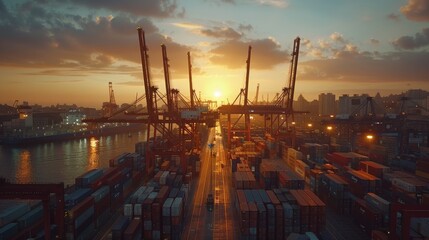 Global Commerce at Sunset: Industrial Harbor Illuminated by Golden Light, Showcasing Trade's Industrious Rhythm