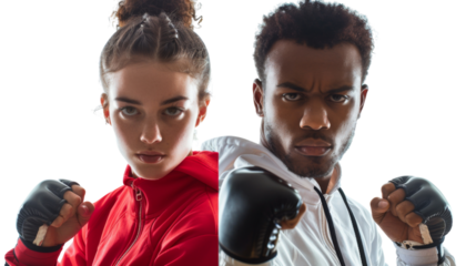 Portrait of male and female athletes with fighting stance boxing, sport, fighting on transparent background