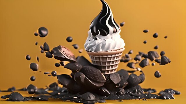 Black and White Ice Cream Cone with Splash with Ai generated.

