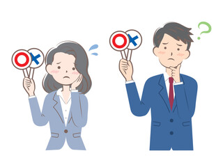 マルバツの札を持つスーツ姿の男女　正解　不正解　悩む