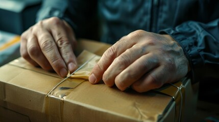 Obraz premium Secure Seal CloseUp of Hands Tying TamperEvident Packaging for Safe Shipping