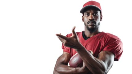 Portrait of American football rugby player with ball gesturing on transparent background