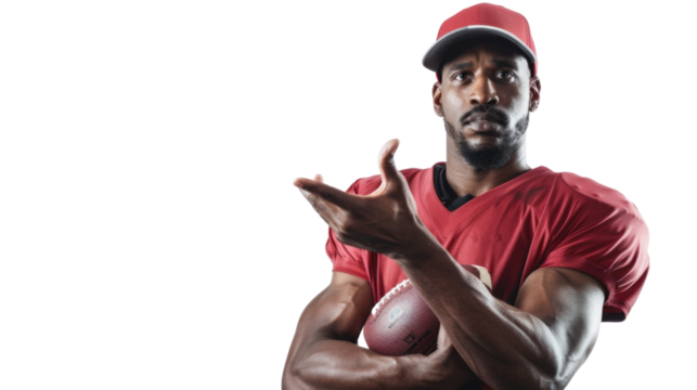 Portrait of American football rugby player with ball gesturing on transparent background