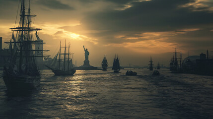 Fototapeta premium Liberty and Maritime History - The maritime history surrounding the Statue of Liberty, including ships and sailors, Statue of Liberty, maritime, hd, historical with copy space