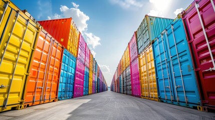 Fototapeta premium Rows of containers lined up, one on top of the other, colorful and vibrant in the cargo transportation sector