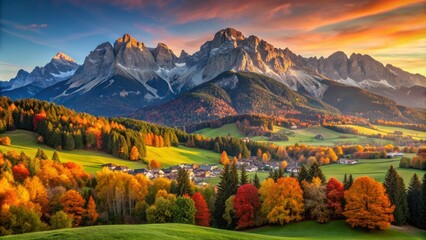 Vibrant autumn foliage adorns the majestic wilder kaiser mountains in tirol, austria, with golden light casting a warm glow on the serene alpine landscape.