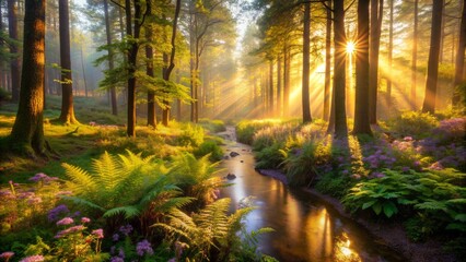 Golden morning light filters through dense foliage of towering trees, casting dappled shadows on misty forest floor, with vibrant wildflowers and ferns surrounding serpentine stream.
