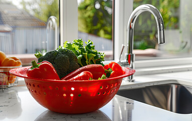 Bright red colander with fresh vegetables in kitchen sink, chrome faucet, natural daylight.