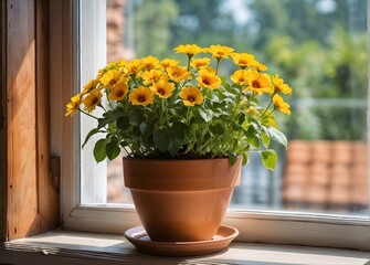 Fototapeta premium A bouquet of yellow flowers in a jug in the fresh air 