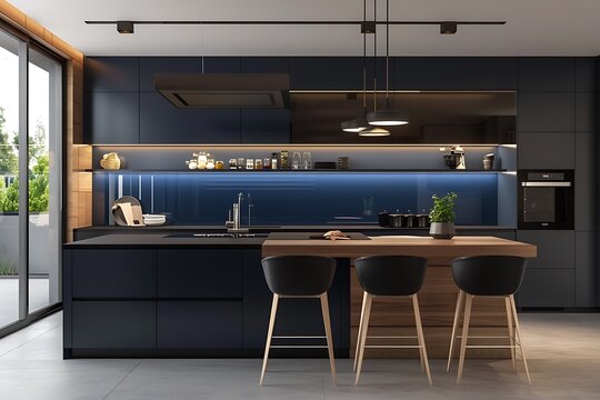 Modern kitchen featuring a navy blue backsplash, open concept with island seating and minimalist cabinetry, suitable for elegant homes,