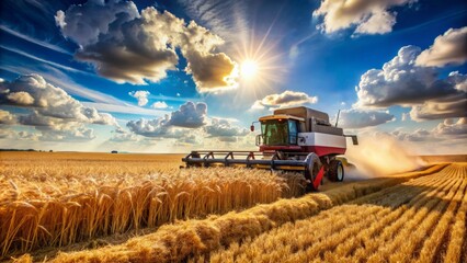 Fototapeta premium Agricultural harvester machine operates in a vast, sun-kissed field, harvesting golden wheat under a bright blue sky with a few puffy white clouds.