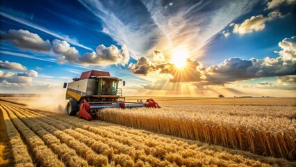 Obraz premium Agricultural harvester machine operates in a vast, sun-kissed field, harvesting golden wheat under a bright blue sky with a few puffy white clouds.