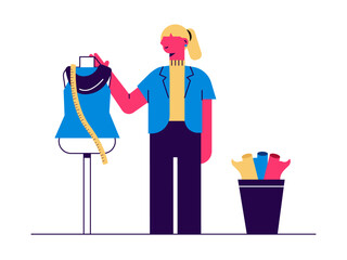 Female fashion designer adjusting a dress on a mannequin. Art studio vector illustration