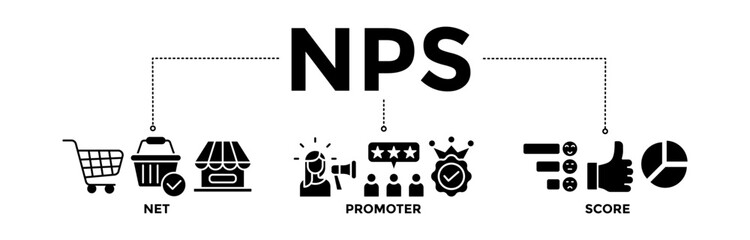 NPS banner icons set for net promoter score. Vector graphic glyph style with icon of shopping, customer, rating, like, premium, and store	
