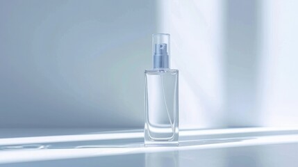 Elegant clear glass spray bottle on a reflective surface with soft lighting, perfect for showcasing beauty or skincare products.