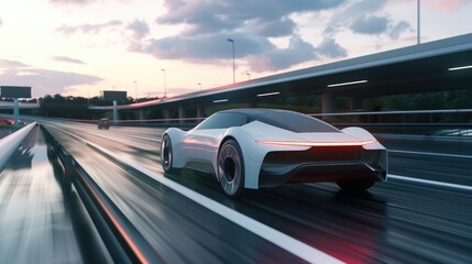 Naklejka premium Futuristic electric sports car driving on a modern highway at sunset, showcasing innovative automotive technology and stylish design.