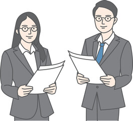 Illustration of a man and woman in business suits standing holding documents.