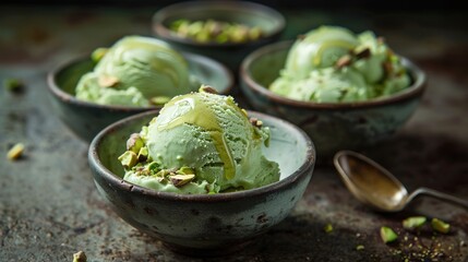 Artistic Pistachio Ice Cream Servings with Honey Drizzle in Rustic Setting