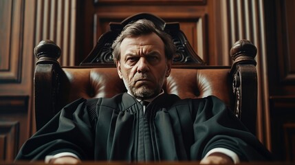 Obraz premium Serious judge in courtroom. Intense expression while presiding over case. Judicial authority in traditional attire.