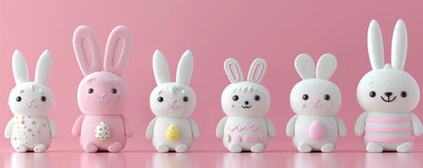 Obraz premium A group of stuffed rabbits are sitting in a row on a pink background. The rabbits are all different sizes and have different expressions, but they all share a similar color scheme and design