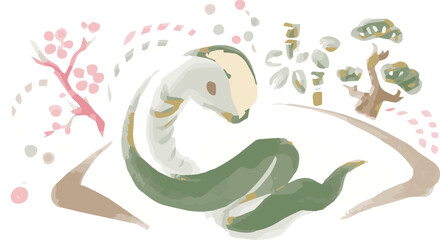 蛇　へび　墨絵　水墨画　版画　日本画　水彩　手描き　巳年　巳　年賀状　2025　イラスト素材