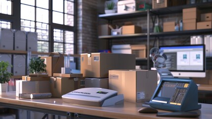 Naklejka premium Efficient Ecommerce Essentials Stock Image of a Professional Packing Station with Shipping Supplies Digital Scale and Computer Streamlining Modern Logistics