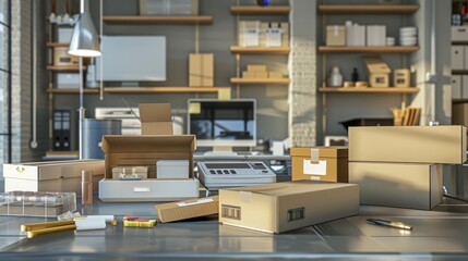 Efficient Ecommerce Essentials Stock Image of a Professional Packing Station with Shipping Supplies Digital Scale and Computer Streamlining Modern Logistics