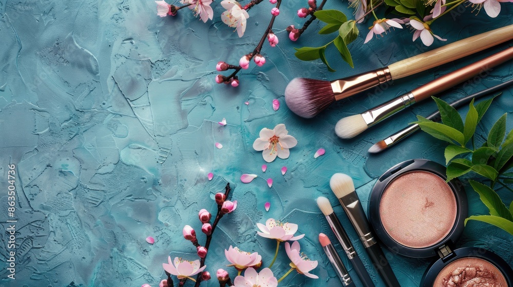 Wall mural Cosmetics brushes and flowers on blue surface