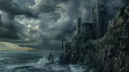 Fototapeta premium Dramatic cliffside castle overlooking a stormy sea, dark and majestic