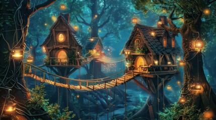 Enchanted treehouse village with rope bridges and glowing lanterns, whimsical and cozy
