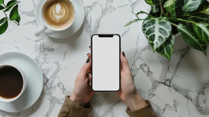 Hands holding a smartphone with a blank screen, surrounded by coffee and plants on a marble table, clean and modern