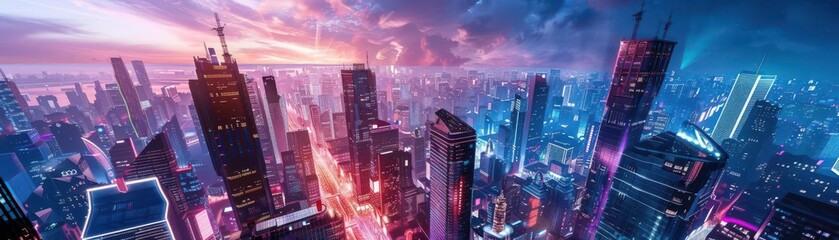 Obraz premium Futuristic skyline with sleek skyscrapers and advanced transportation systems, vibrant and hightech