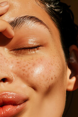Fototapeta premium Ultra-Detailed Close-Up Photo of a Young Woman, Touching Her Face with Healthy Skin