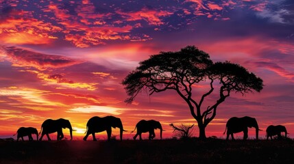 Fototapeta premium Majestic African savannah with elephants silhouetted against a dramatic sunset, powerful and picturesque