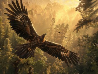 Majestic eagle soaring over a dense forest at sunrise, powerful and detailed wildlife scene