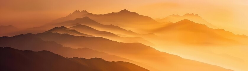 Fototapeta premium Majestic mountain range during sunrise, with layers of mist and golden light illuminating the peaks