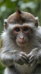 Obraz premium a monkey that is eating something on the table