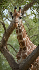 Fototapeta premium a giraffe standing in a tree looking at the camera