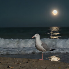 a standing on the beach at night with the moon in the background