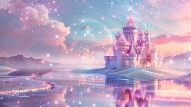 60s inspired dreamy world with sparkling stars, whimsical fairytale castle, pastel colors and magical aura