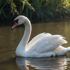 Fototapeta premium a white swan swimming in the water with its head above the water