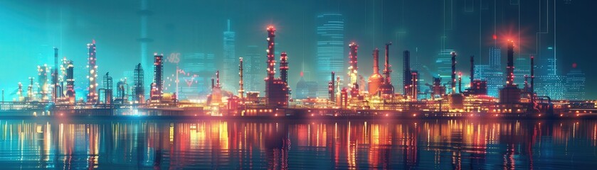 Fototapeta premium A stunning futuristic industrial cityscape at night, illuminated by vibrant neon lights reflecting on the water, showcasing modern urban architecture.