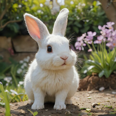 Fototapeta premium a white rabbit sitting on the ground in the garden