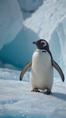 Obraz premium penguin standing on snow covered ground with iceberg in background