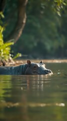 Fototapeta premium a hippo in the water with a bird in the background
