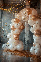A stunning balloon arch made of gold and white balloons, adorned with sparkling confetti, creating a festive and elegant atmosphere in a stylish indoor setting.