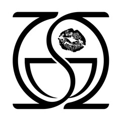 Logo. Coffee. Favourite drink. Monochrome drawing. Lip print. Kiss over the cup. Vector picture.