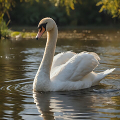 Naklejka premium a white swan swimming in the water with its head above the water