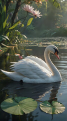 Obraz premium a white swan swimming in a pond with lily pads