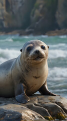 Obraz premium a seal sitting on a rock by the water